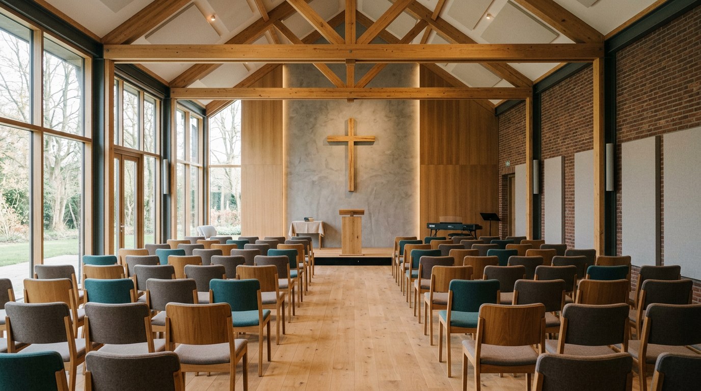 Moderne evangelische kerkzaal met warme verlichting en eenvoudig kruis