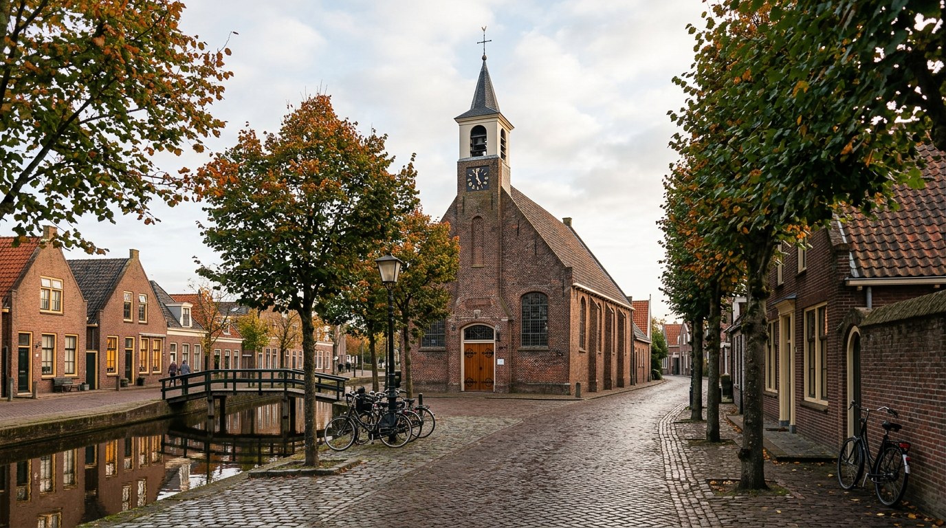 Nederlandse buurtkerk aan een rustige straat in ochtendlicht