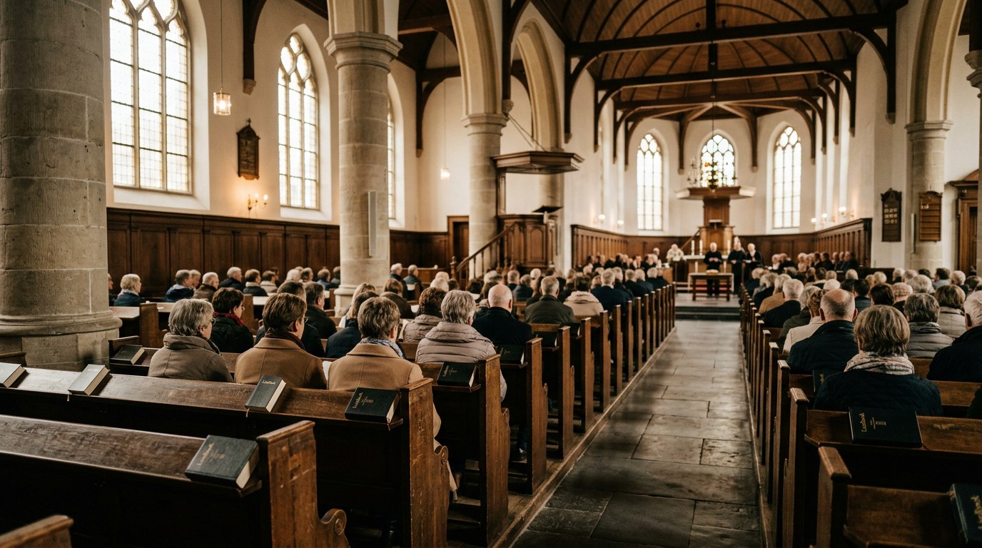 Zicht vanuit de achterkant van een Nederlandse kerkzaal tijdens een rustige dienst