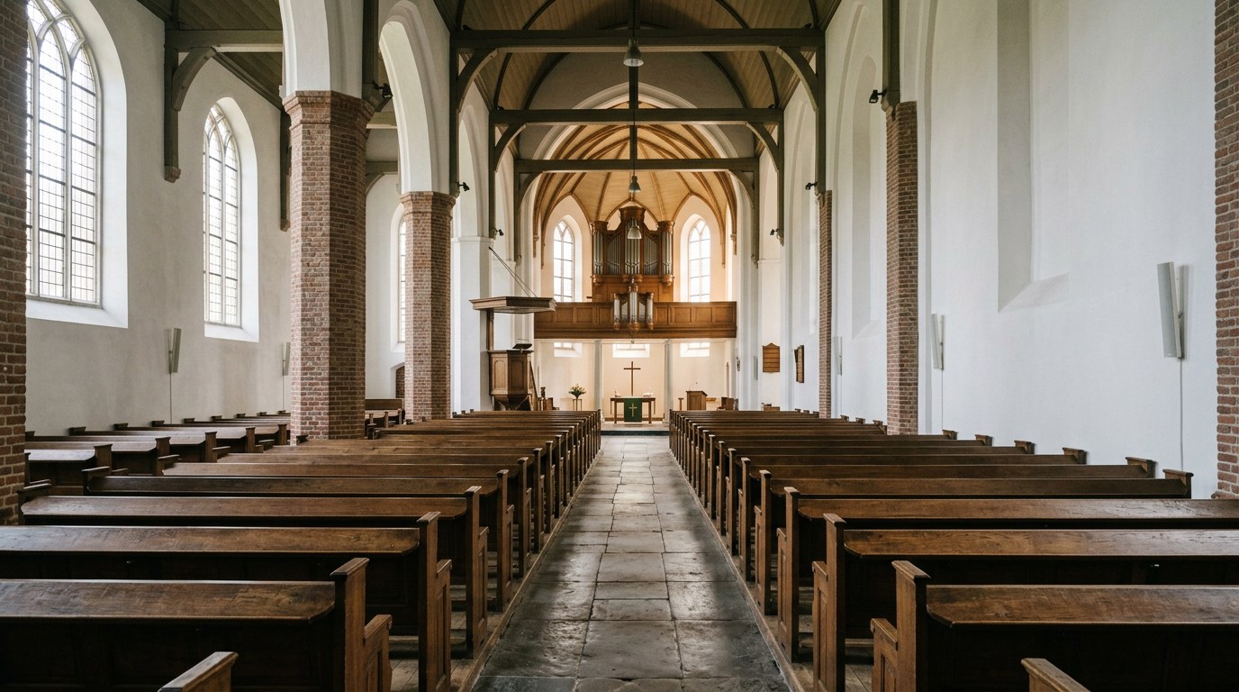 Eenvoudig interieur van een Nederlandse protestantse kerk met houten banken