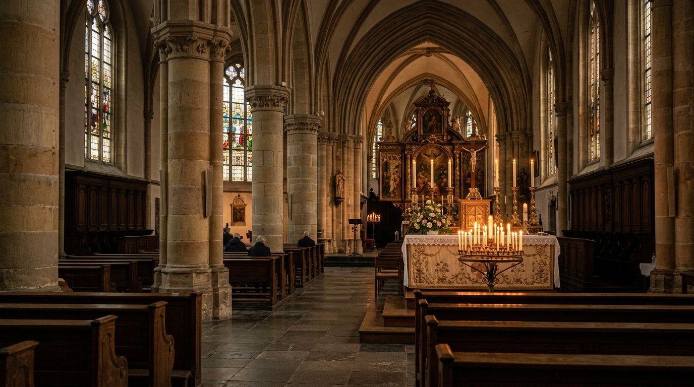 Rustig interieur van een rooms-katholieke kerk met altaar en kaarsen